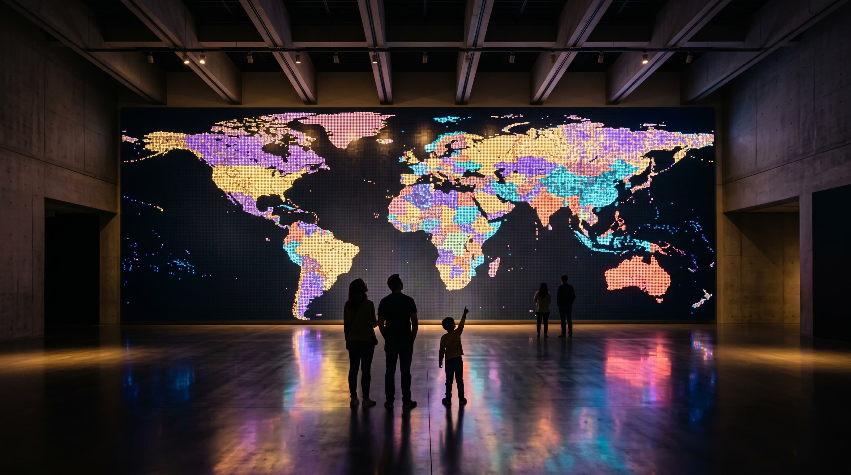 Museum installation vision — a monumental pixel art world map illuminating a darkened gallery